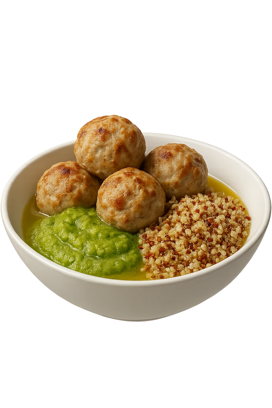 bowl bianca fluttua in aria con polpette di tacchino, purè di zucchine, quinoa e olio di oliva, iperrealistico 4k emoji
