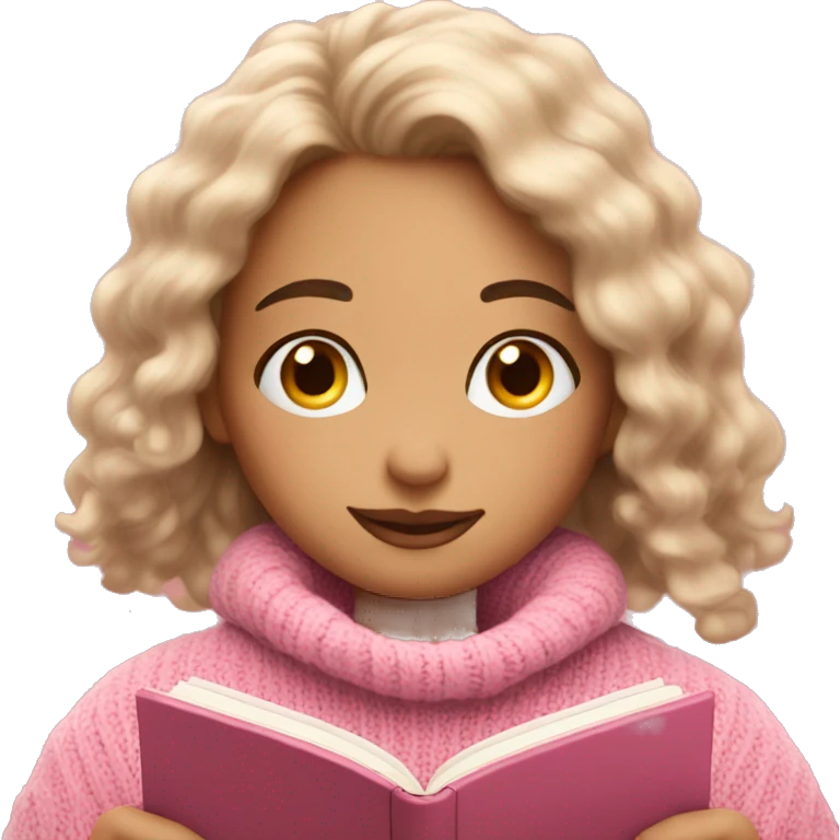 Pretty girl with pink sweater reading cozy emoji