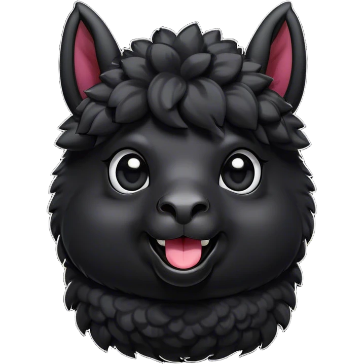 Cinematic Comical Black Alpaca Portrait Emoji, Head tilted dramatically with an exaggeratedly amused expression, featuring a striking jet-black fleece with playful texture, wide, expressive dark eyes filled with playful disbelief, Simplified yet hilariously expressive features, highly detailed, glowing with a slightly sassy glow, high shine, dramatic yet playful, stylized with an air of cheeky mischief, bright and endearing, soft glowing outline, capturing the essence of a spirited and over-the-top alpaca, so meme-worthy it feels like it could side-eye its way into internet fame instantly! emoji