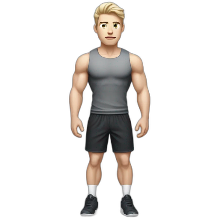 Confused Pale skinned Fit Man With the biceps and dark brown hair in black shirt, gray sports shorts and white Sneakers emoji