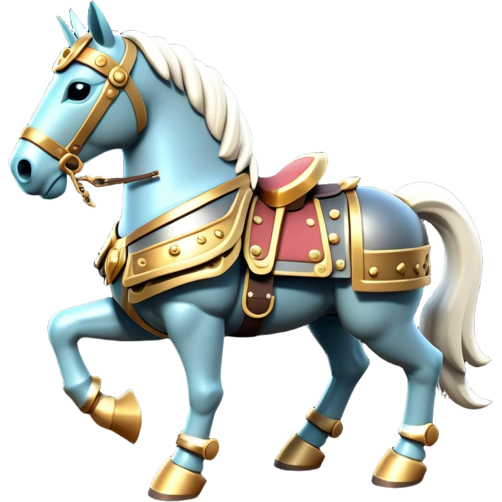 Clash of Clans aesthetic: Cinematic Playful Armored Horse Emoji, rendered in a 3D vector-style similar to standard emojis with minimal shading and bold, simplified shapes. A compact, isometric warhorse outfitted in intricately detailed armor with noble accents, softly glowing with a gallant medieval carriage charm. Simplified yet unmistakably iconic, highly detailed and consistent, glowing with a soft radiant shine and high polish. Stylized with a touch of heroic elegance and a soft glowing outline, capturing the essence of a noble steed ready for battle with a friendly, playful air! emoji