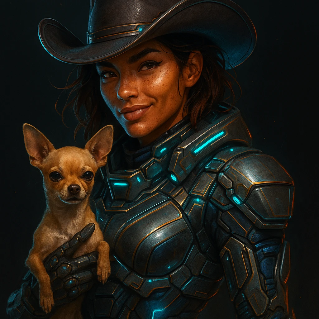Portrait of a tanned female cowboy with subtle freckles, brown hair with auburn highlights, rebellious and playful expression, futuristic style, holding a beige-brown chihuahua, dark background, illustration with high-tech elements, metallic colors and neon lights emoji