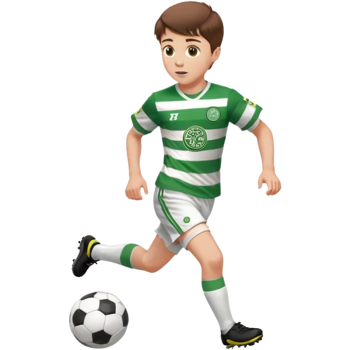 Celtic footballer jersey logo  6 years old brown hair white boy , brown eyes , stripes uniform , RUNNING  with soccer ball # 17 celtic football logo  ONE CELTIC LOGO ONLY white shorts emoji