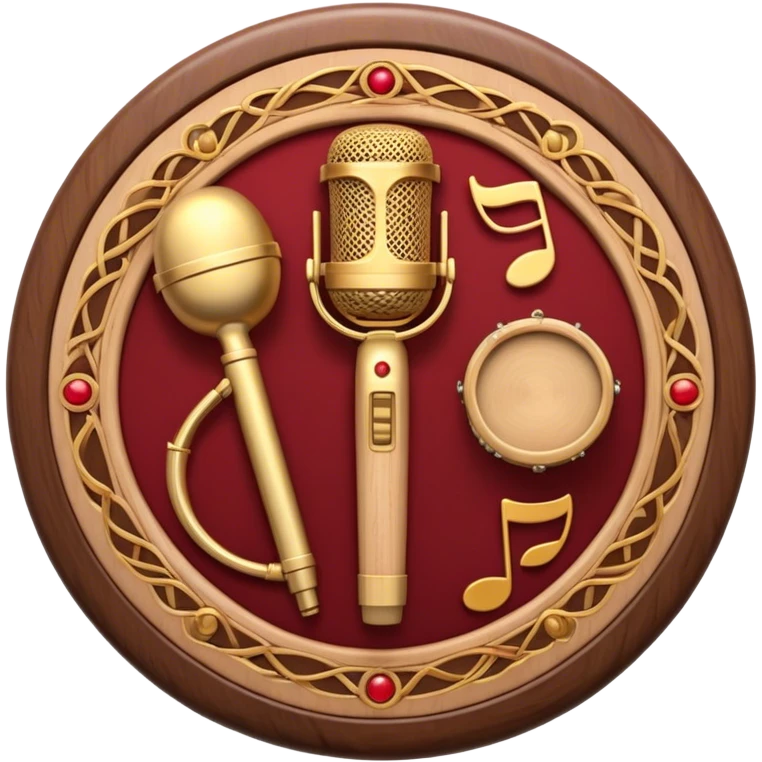 Create a warm and authentic humanless emoji representing folk singing. The design should feature a traditional folk microphone at the center, surrounded by classic instruments such as a bayan (button accordion), gusli (a traditional Russian zither), and a tambourine. Arrange these instruments in a harmonious, circular pattern to evoke a sense of folk music and community performance. Use natural, earthy colors like wood brown, deep red, and golden accents to reflect the rustic and heartfelt spirit of folk music. Add subtle musical notes to the background to convey the rhythm and harmony of the performance. The background should be transparent. emoji