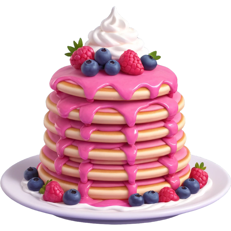 stack of pink pancakes on a plate with whipped cream and berries, glossy finish, realistic textures, modern and appetizing look, soft lighting emoji
