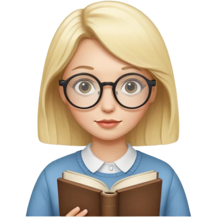 Blonde woman with round glasses and book emoji