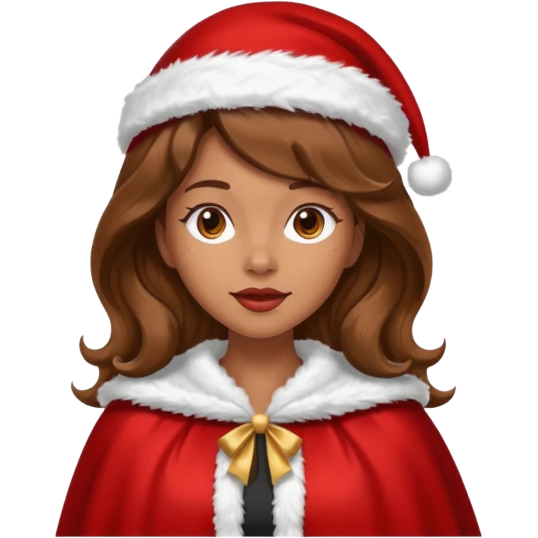 mujer peinandose en la peluqueria y con un gorro de navidad, cabello largo café y ondulado emoji