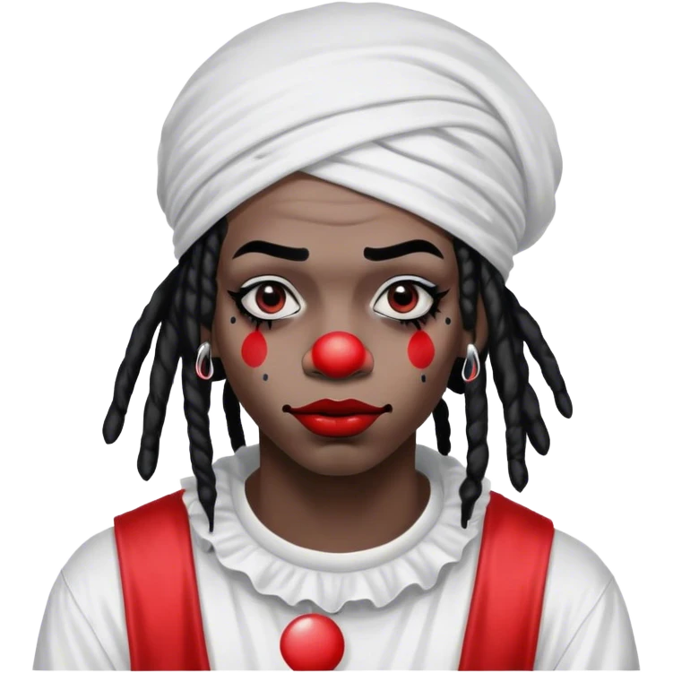 black emo rapper with clown paint with red lipstick, black circles in eyes and face, white paint dreads and a durag emoji