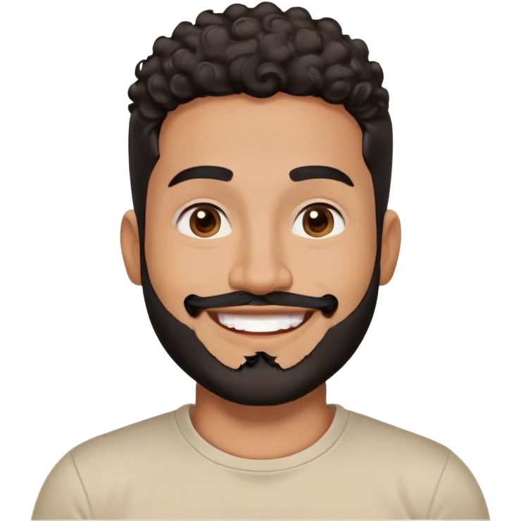 Latino man in his late 30s with warm brown skin. Round face. Big bright smile showing joy. Lively dark brown eyes. Thick defined eyebrows. Short tight curly black hair with fade on sides. Full black beard, neatly trimmed. Wearing a light beige round-neck t-shirt. emoji