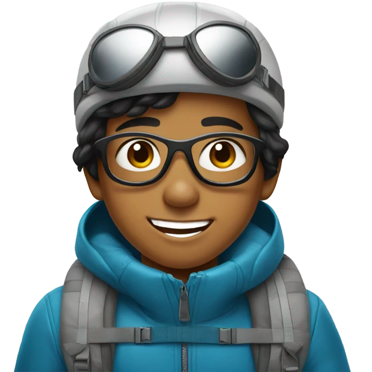 black hair smiling filipino boy with aviator glasses with skiing gear emoji