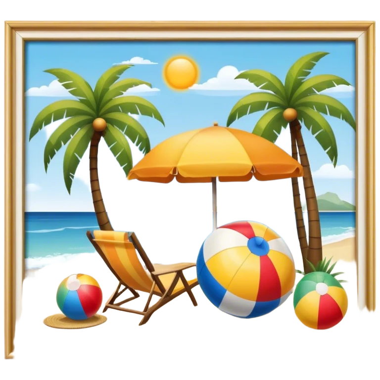 Icon for Beach Tourism: a serene beach scene with palm trees, a sun hat, a beach ball, and the ocean in the background. The icon should capture the relaxing atmosphere of a beach vacation. Transparent background. emoji
