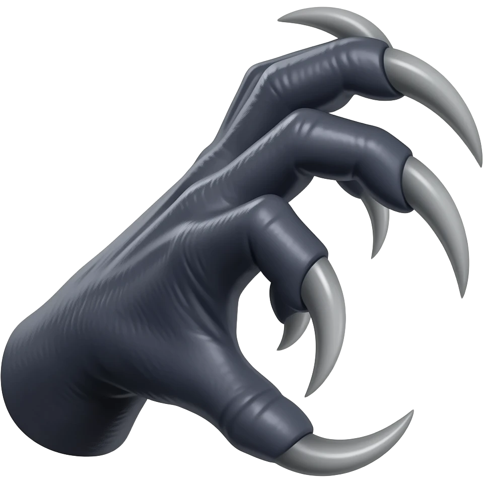 Long dark Demonic hand with sharp claws. Make the hand reach out to attack and slash towards the right of the image violently. Shift the perspective to a side profile to show the curvature and length of the claws more clearly. emoji