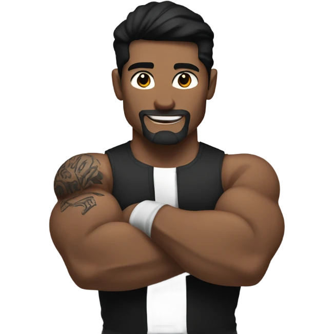 Bicep flexing white man with black hair and tattoos emoji