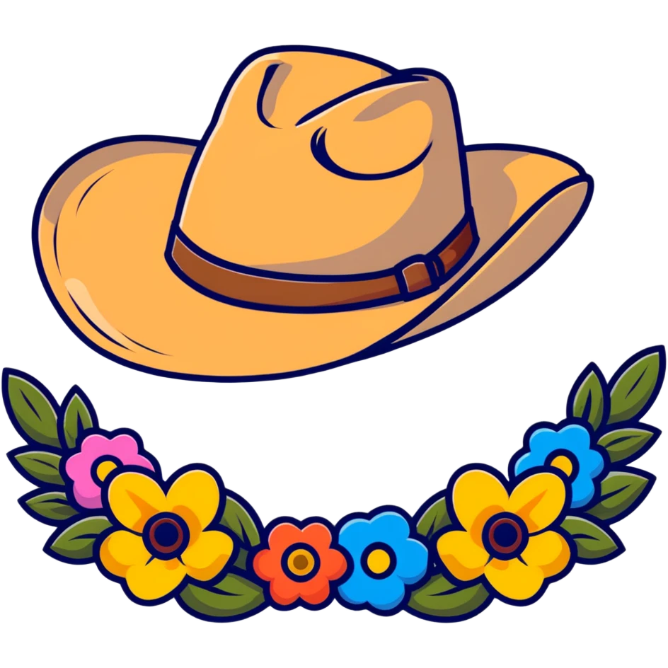 Cowgirl hat with wildflowers, colorful floral arrangement on a tan cowboy hat emoji