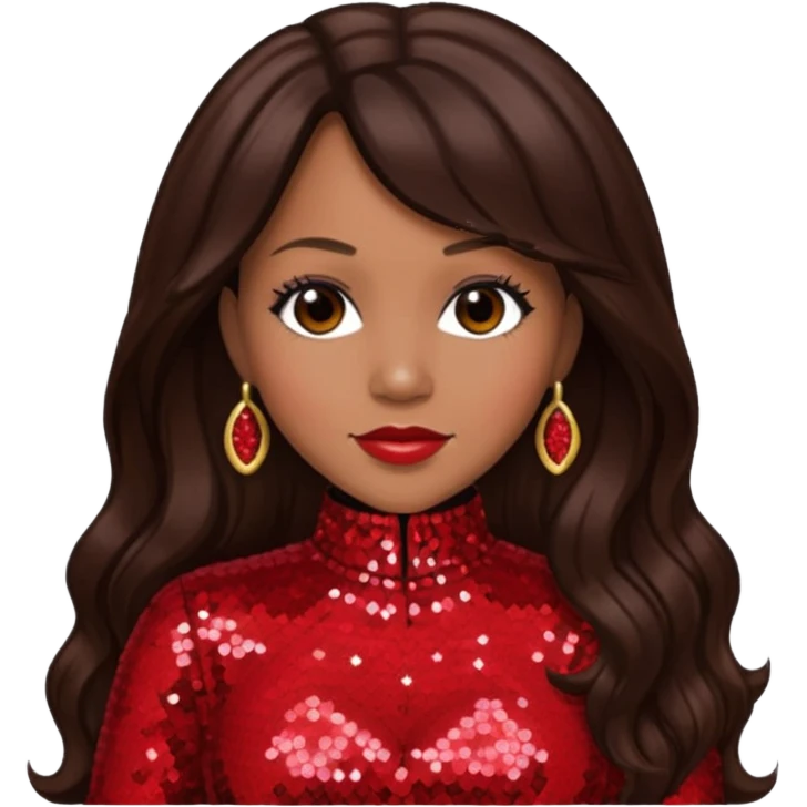 Erica Campbell from Mary Mary with long dark brown hair, red sequin outfit emoji