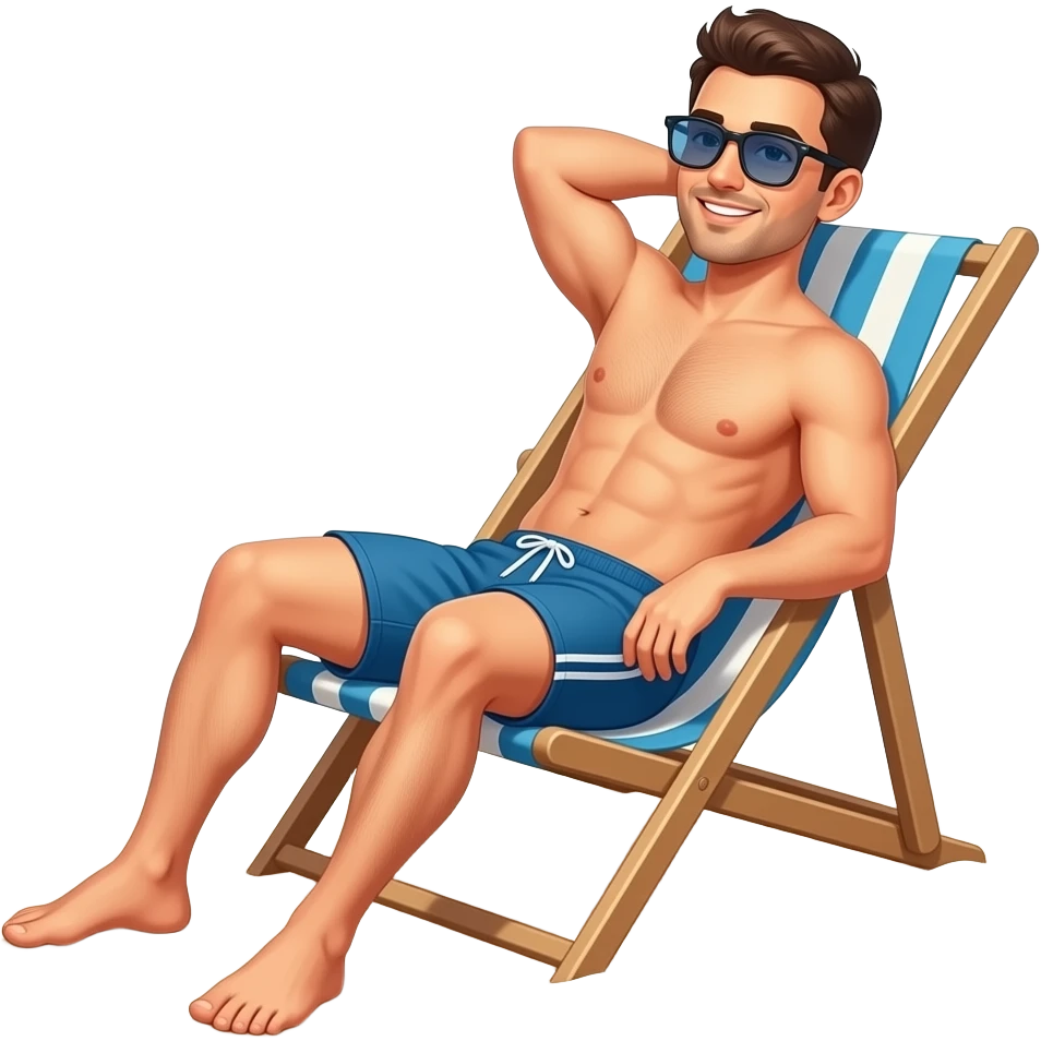 Erstellen ein Emoji von einem Mann der sich in Badehose am Strand auf einer liege in der Sonne entspannt sonnt emoji