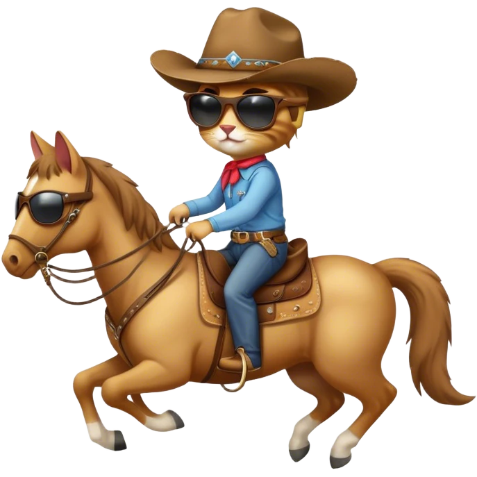 A cat with a cowboy hat and sunglasses riding a horse  emoji
