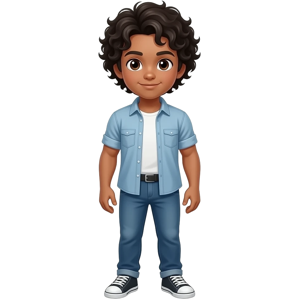 Hazme un chico con pelo un poco mas que por los hombros, rizado y negro, ojos marrones. Y que este un poco musculoso. Que tenga camiseta. QUE SE VEA EL CUERPO ENTERO Y QUE TENGA ZAPATOS emoji