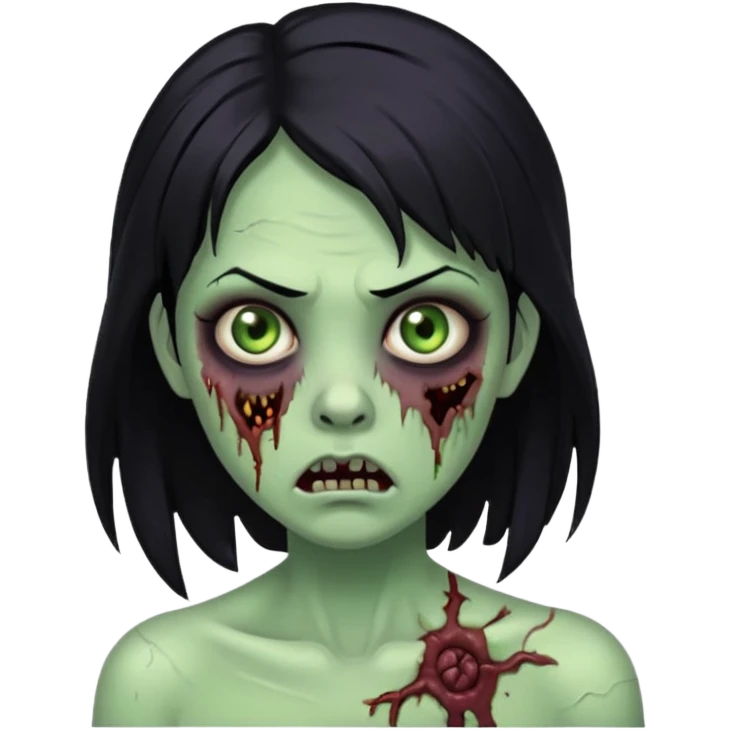 zombie girl with black hair, scary expression, horror zombie green emoji