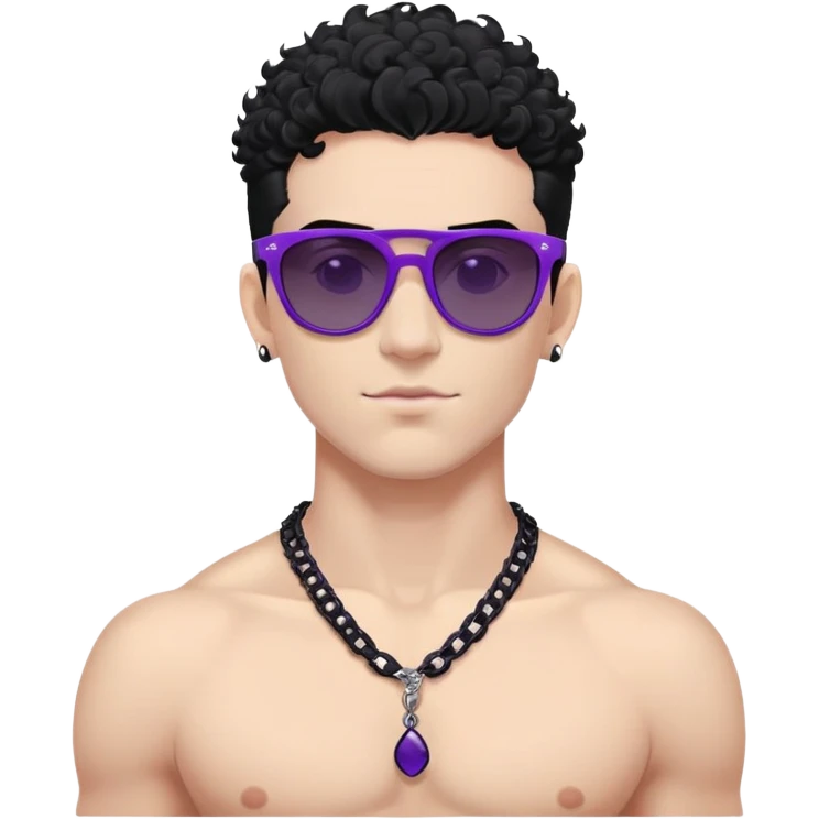 shirtless male athlete with white skin and moderately curly black hair on top with shaved sides, wearing purple sunglasses with very dark heavily tinted black lenses, and a simple plain black chain necklace, no earrings or other jewelry emoji