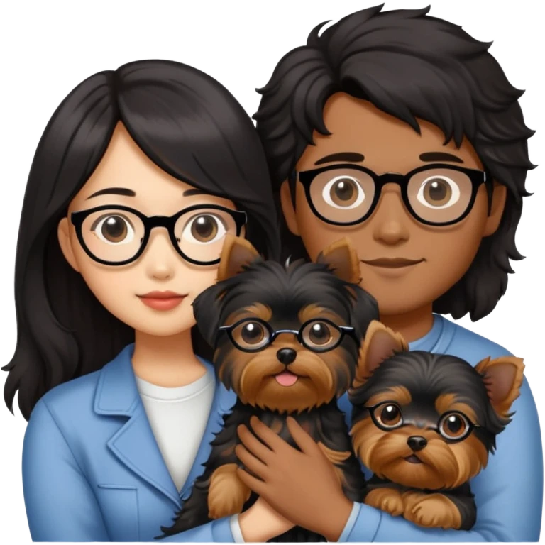 A couple holding a small Yorkshire Terrier together. The girl is Asian with long, luscious wavy black hair (loose, no hair tie). She is next to her boyfriend, a brown-skinned man wearing glasses with a korean haircut emoji