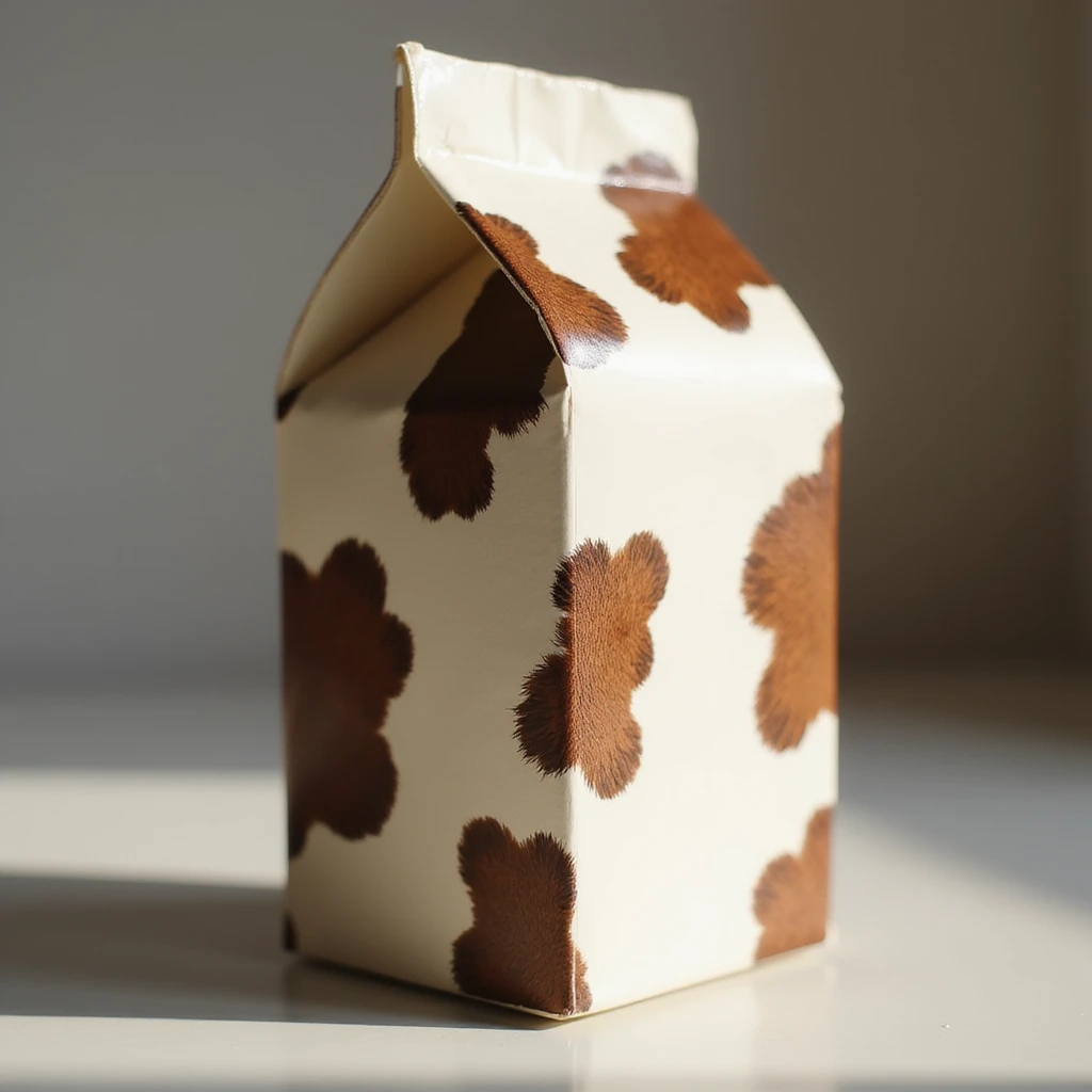 realistic milk box with cowhide texture, subtle shadows, photorealistic, natural lighting emoji