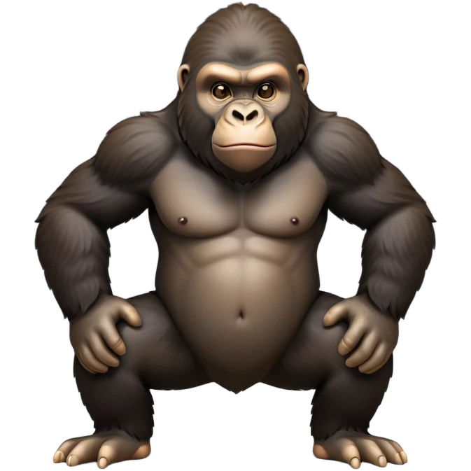 cinematic-gorilla-realistic-full-body-on-all-fours-emoji,-exuding-strength,-thick-dark-fur-in-the-light,-head-tilted-dramatically,-deep-friendly-eyes-filled-with-intense-intelligence,-simplified-yet-realistic-focused-features,-highly-detailed, zoomed out friendly  emoji