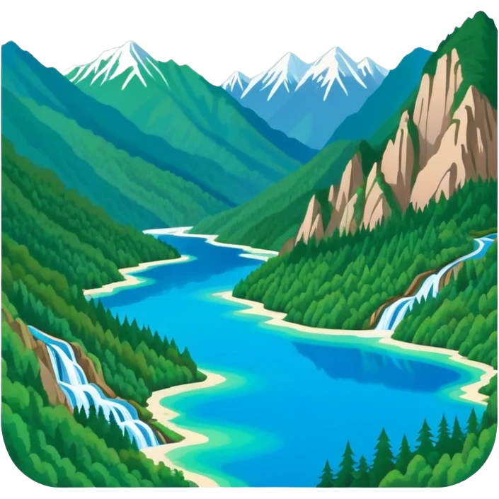 Jiuzhaigou Valley colorful lakes, simplified emoji style with bold outlines and bright colors, cartoon style blue water with mountains emoji
