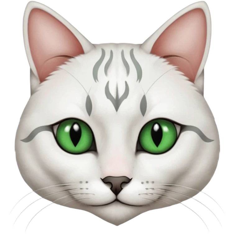 Haz una gata de ojos verdes la cara blanca con mancha negra en las orejas que agarra parte de la frente del lado der pero del iz va desde el ojo hasta la oreja la mancha, tiene la nariz negra en forma de corazón y todo lo que sobra de la cara, barbilla la nariz arriba y el lado de bigotes es blanca emoji