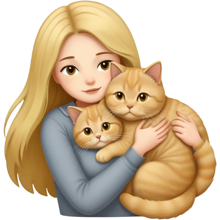 A long-haired girl hugs a Golden Shaded British shorthair emoji