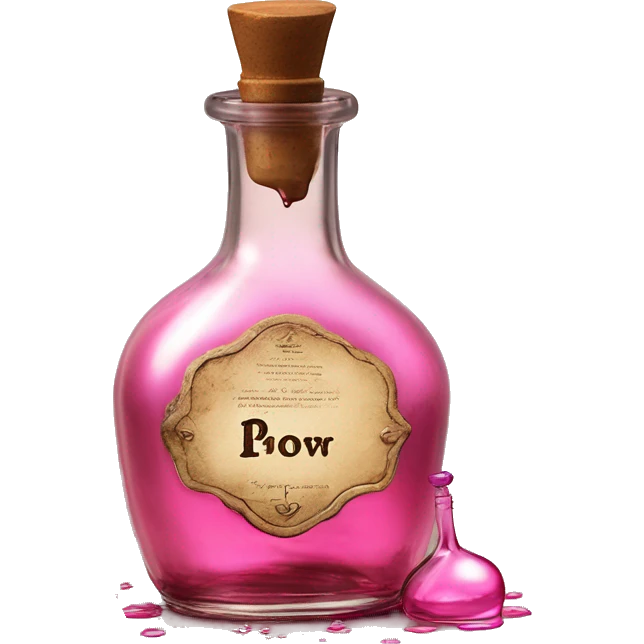Mysterious Alchemical vintage glass potion bottle, exquisite bottle shape, old and shabby, with label, stylish and minimalistic, brown and pink, oil potion is poured out of the bottle, oil is spilled next to it emoji