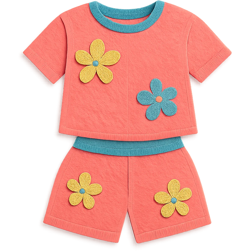 illustration of a women's short and tee shirt set with a floral pattern in paper-craft style emoji