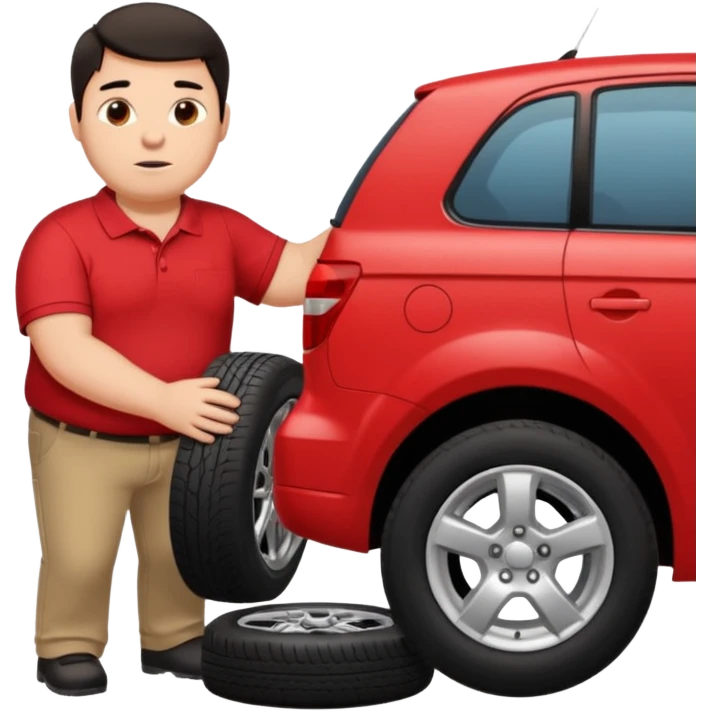 Fat white guy with dark hair and a red polo with black pants changing a tire on a car emoji