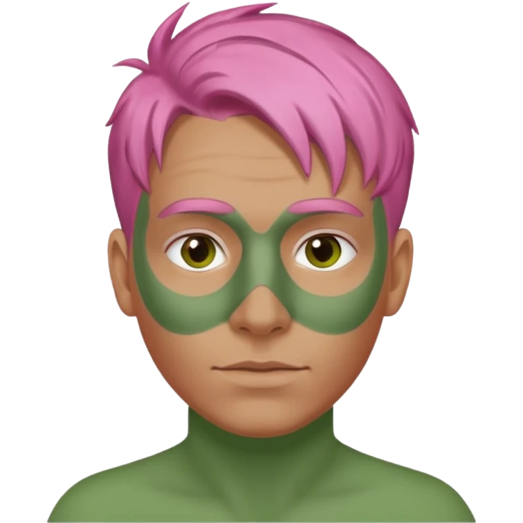 pink haired man with full full face green clay mask emoji