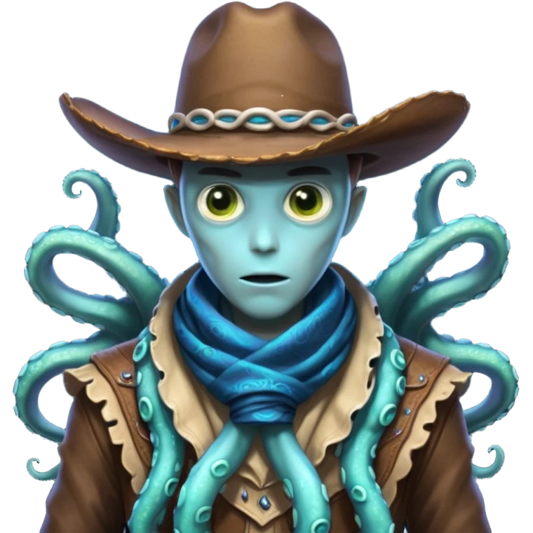 Close-up portrait of a tentacled alien cowboy, subtle glowing bioluminescent skin, tentacles partially hidden under a cowboy scarf, mysterious expression, dramatic shadow lighting, high detail, sci-fi western fusion
 emoji