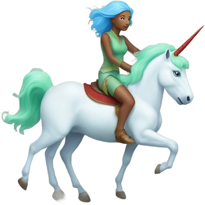 [(a light green Amazon alien woman with red hair with blue eyes) on a (four-legged white unicorn with a light blue mane)] emoji