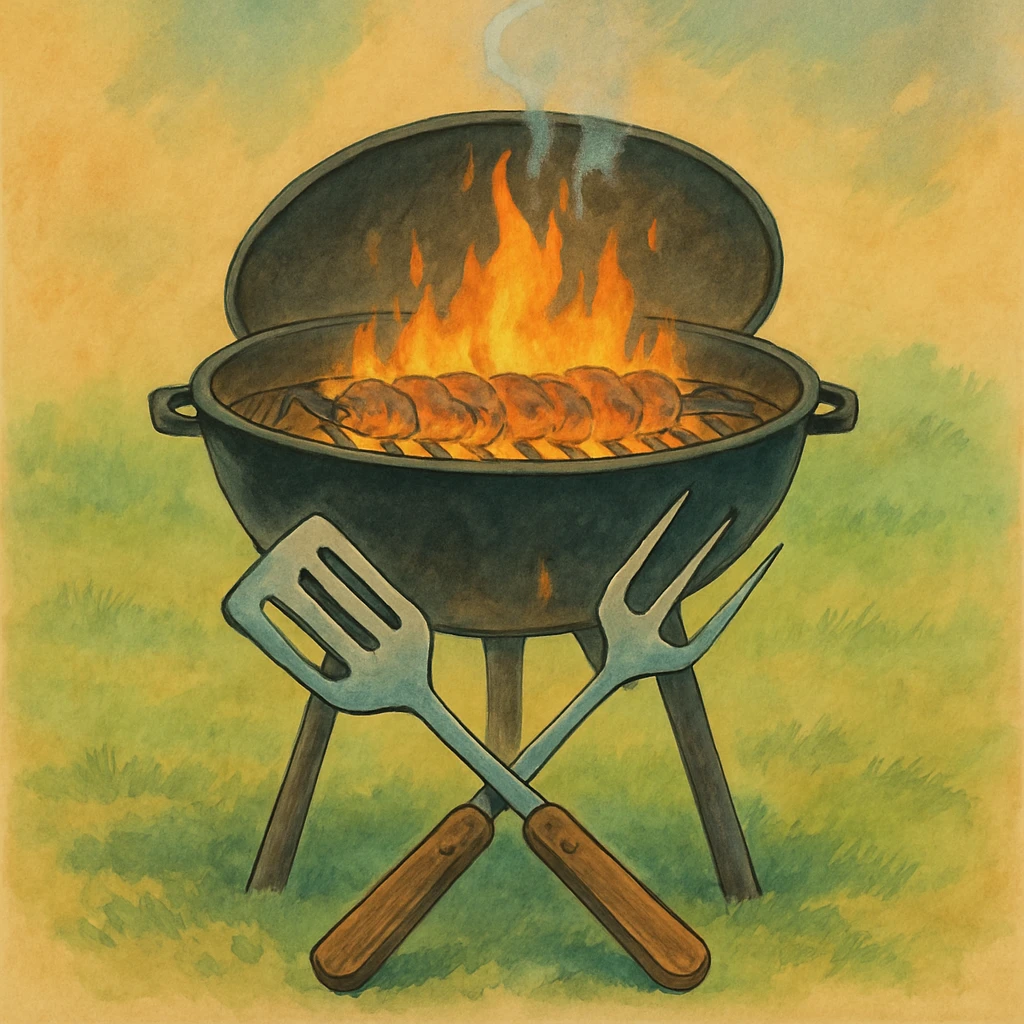 grill with flames, utensils crossed emoji