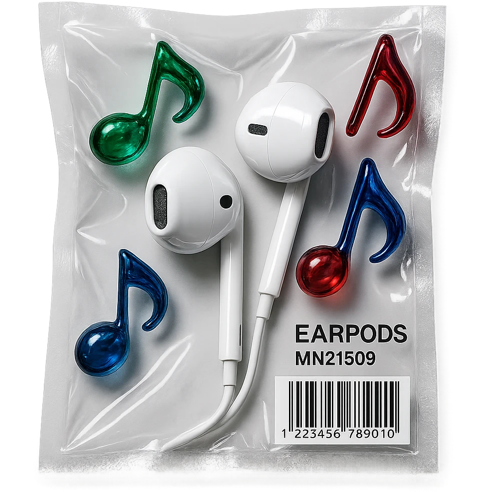 pair of white EarPods with three floating glass music notes in deep jewel tones (emerald, sapphire, ruby), shiny and puffy emoji