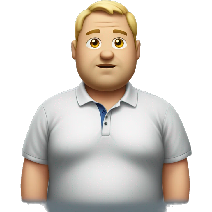 a fat man wears a polo shirt with fat text emoji