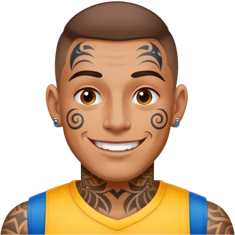 man with bold face tattoos, happy face, wearing a colorful jersey emoji