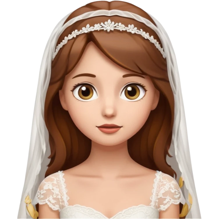 Brown-haired bride in a white wedding dress and veil, eyes looking upward with a curious expression, cute emoji style. emoji