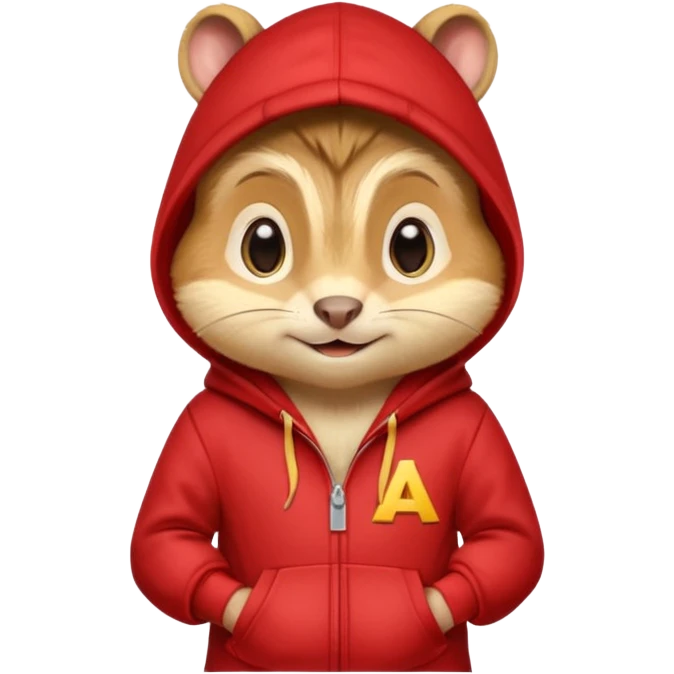 Portrait of a cute cartoon chipmunk with light brown and beige fur, wearing a red hoodie no zip with a yellow 'A' on it, big round eyes, small nose, and a mischievous grin, front-facing, stylized in animated movie style emoji