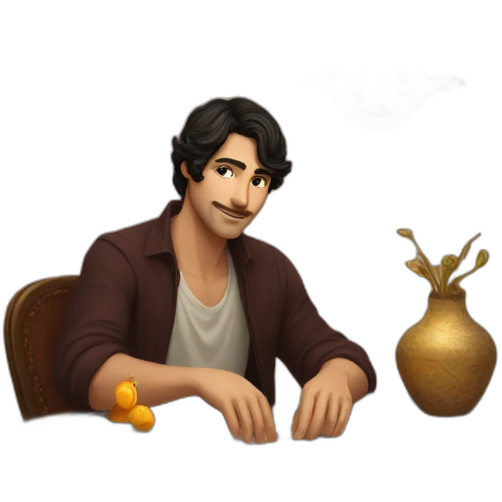 a guy with short dark hair sits at a table, there are Tarot cards on the table emoji