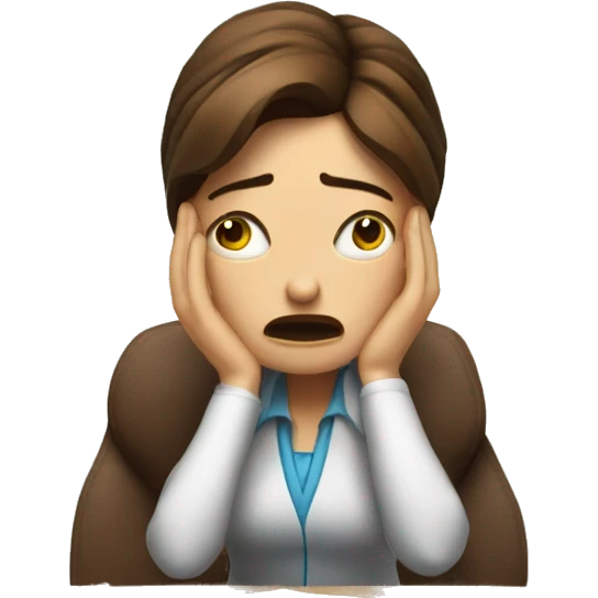 Stressed teacher with brown hair crying at her desk with lots of paperwork  emoji