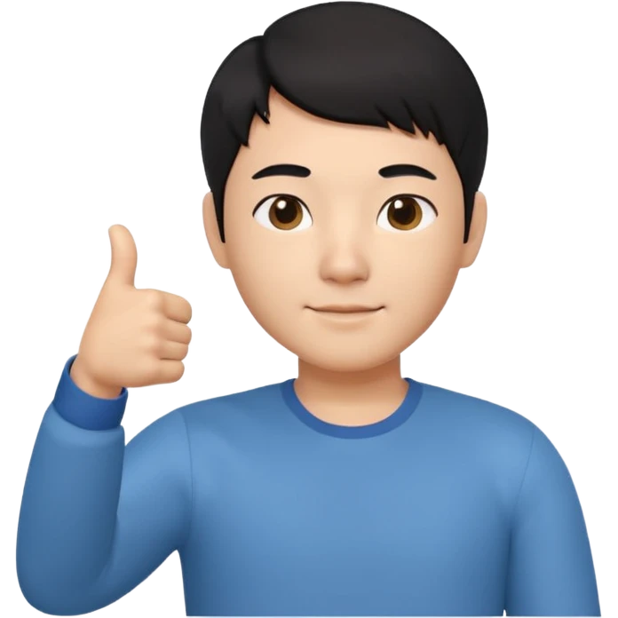 3D avatar of a Korean male frontend developer,
short black hair with clean 5:5 middle part,
no glasses,
one hand making thumbs up gesture,
calm and friendly expression,
minimal professional style emoji