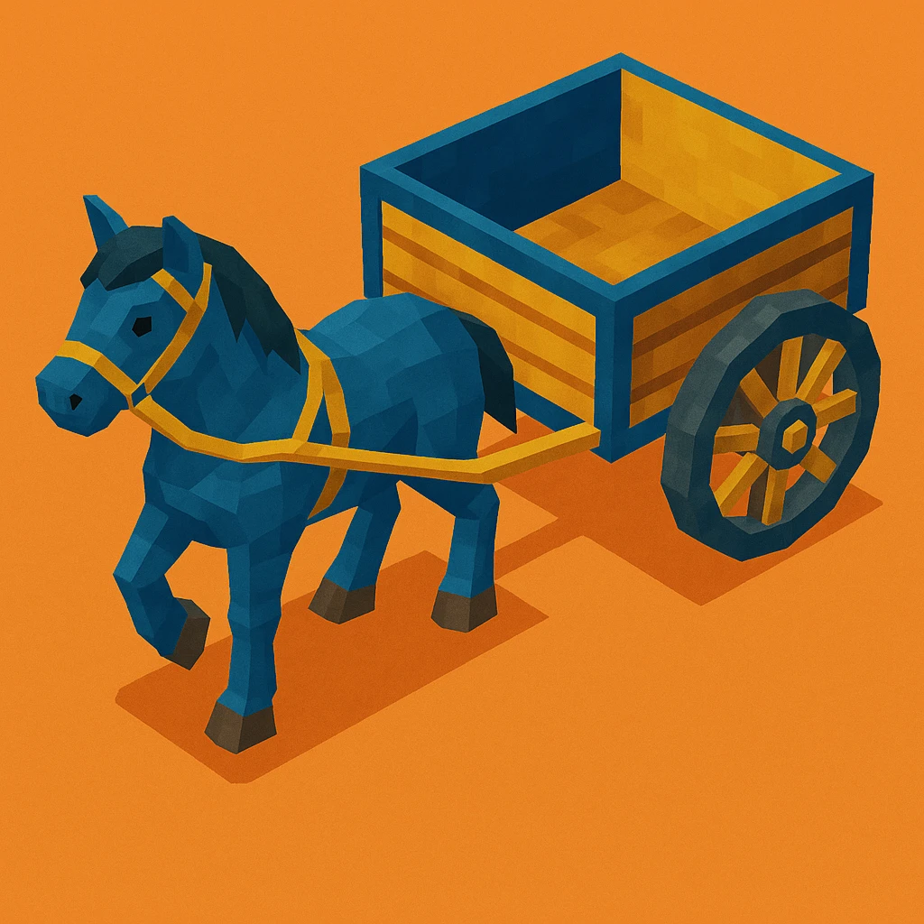 Isometric horse and cart with color variation: blue and gold, keep original style low poly 3d. emoji