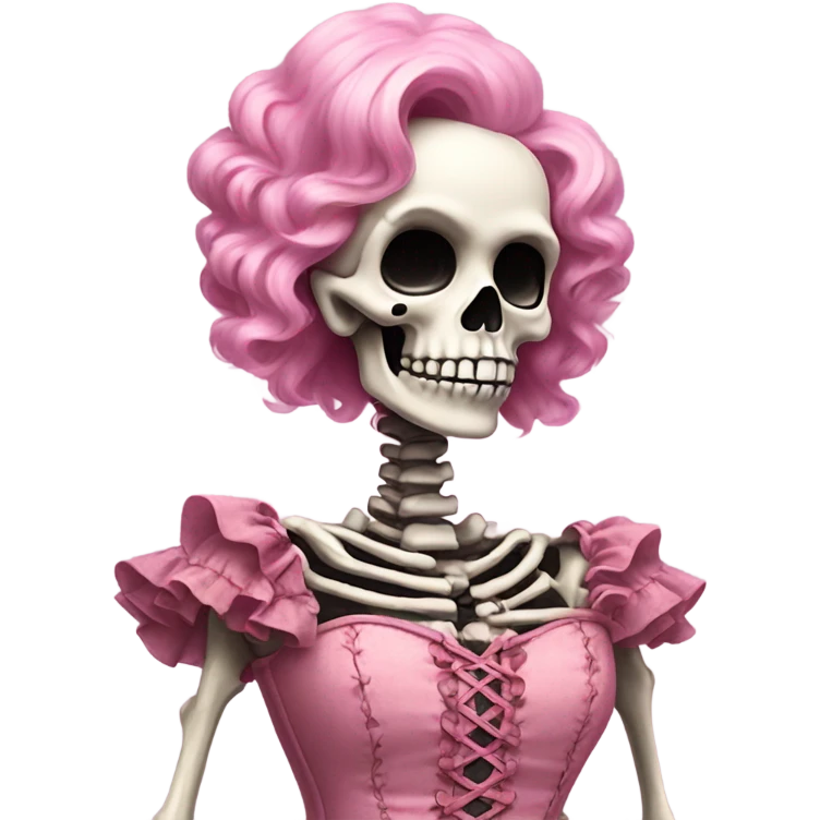 Skeleton wearing a pink laced corset top with ruffles  emoji