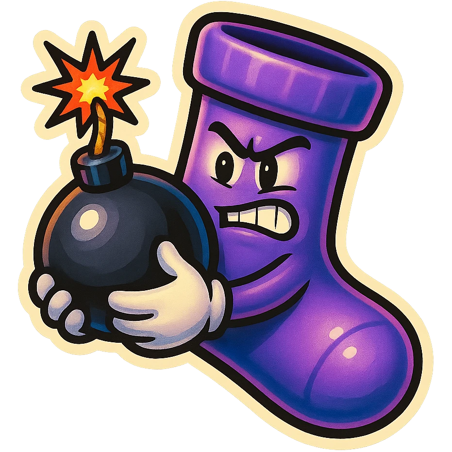 A purple sock with a clutch face, holding a bomb, representing a clutch moment or intense situation. emoji