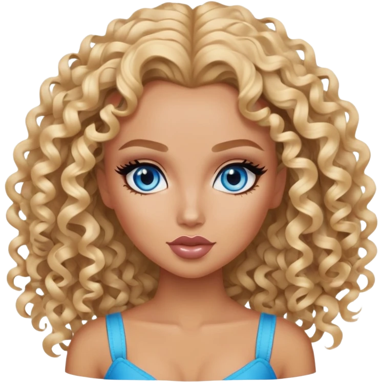 curly blonde hair, blue eyes, pretty makeup, pretty bratz baddie emoji