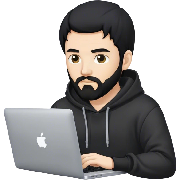 hackeur blanc cheveux noir barbe et capuche noir avec un macbook emoji